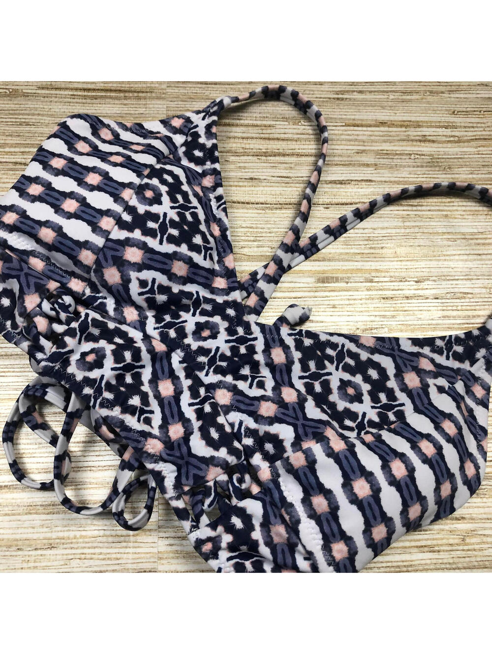 2889 Jessica Simpson lace up back Bikini Swim Top IKAT MULTI size S nwot